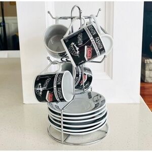 Vintage FASHION 12pc Espresso Coffee Set Silver Holder Black White Red Porcelain